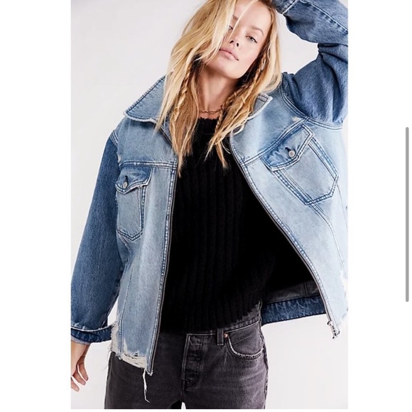 We The Free x Free People Your Dad's Denim Jean Distressed Oversized Jacket - Picture 7 of 16
